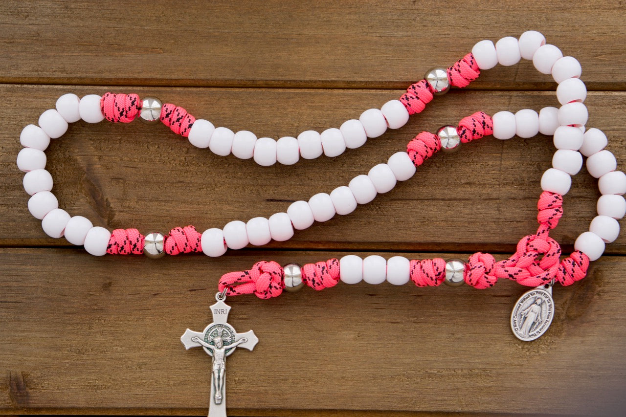 The Family Protector - Pink and White - 5 Decade Paracord Rosary, durable and unbreakable rosary design, perfect for girls, daughters, moms, and wives, powerful spiritual protection accessory with Miraculous Medal, available in full size or single decade, handmade by a small Catholic family of 6.