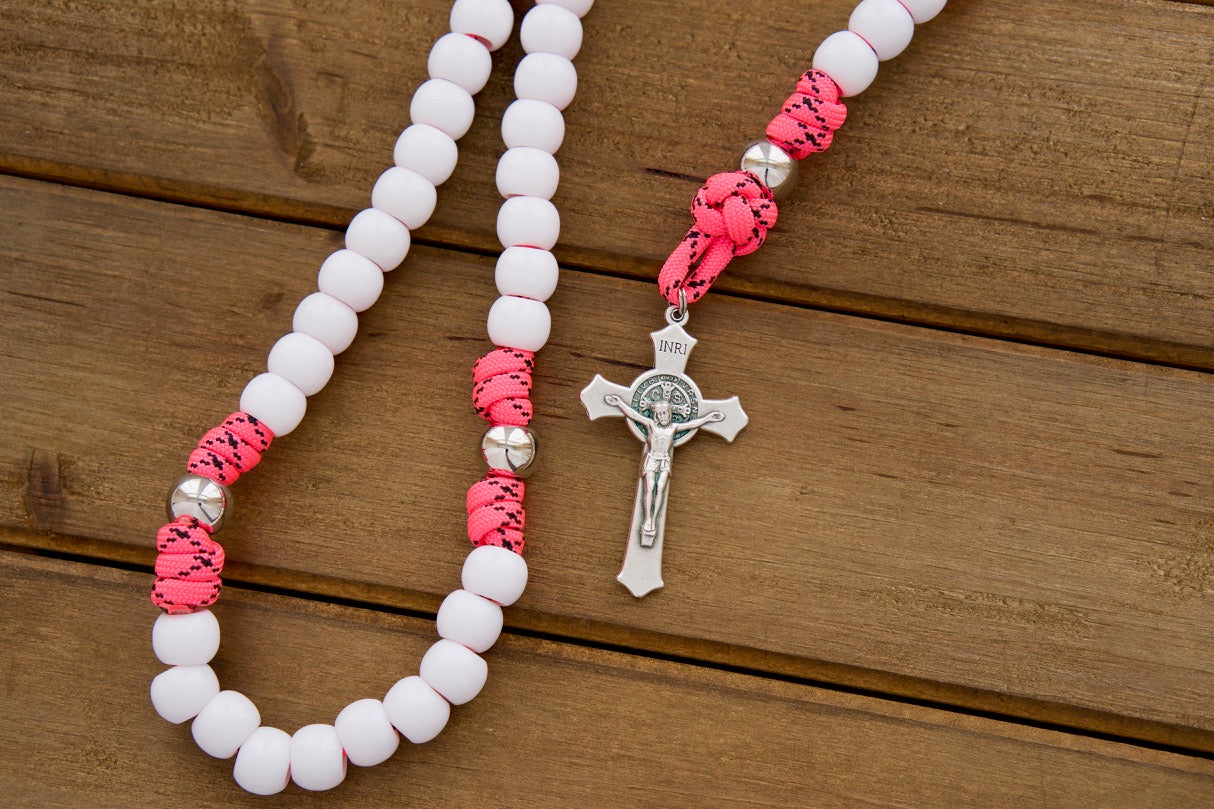 The Family Protector - Pink and White - 5 Decade Paracord Rosary: Durable, Premium, Unbreakable Catholic Gift for Girls, Daughters, Moms, and Wives with Miraculous Medal. Handmade by our small Catholic family of 6.