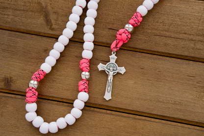 The Family Protector - Pink and White - 5 Decade Paracord Rosary: Durable, Premium, Unbreakable Catholic Gift for Girls, Daughters, Moms, and Wives with Miraculous Medal. Handmade by our small Catholic family of 6.