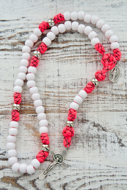 The Family Protector - Pink and White - 5 Decade Paracord Rosary: A durable, handmade spiritual weapon for girls, daughters, moms, and wives. Featuring white Hail Mary beads paired with silver Our Father beads and a Miraculous Medal for divine protection.