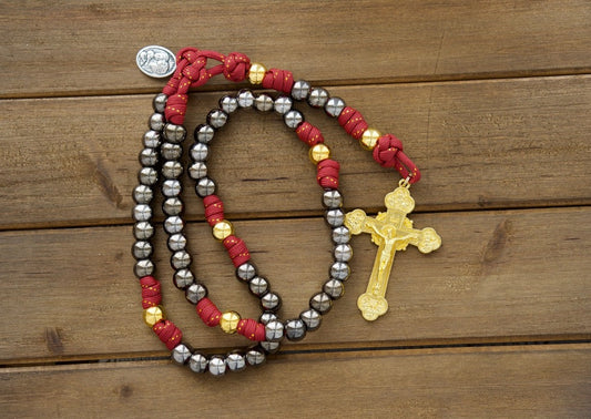 The Holy Family - 5 Decade Paracord Rosary: Durable, premium, unbreakable Catholic gift for prayer warriors, featuring royal red, gold, and gunmetal design with a 3" gold crucifix and powerful designs for kids.