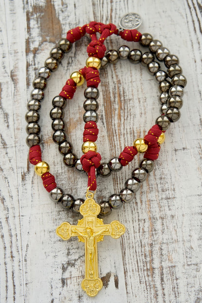 The Holy Family - 5 Decade Paracord Rosary: Durable, Premium Unbreakable Catholic Gift for Kids & Adults - Red, Gold, Gunmetal Design with Larger 3" Crucifix & Holy Family/St. Joseph Medal