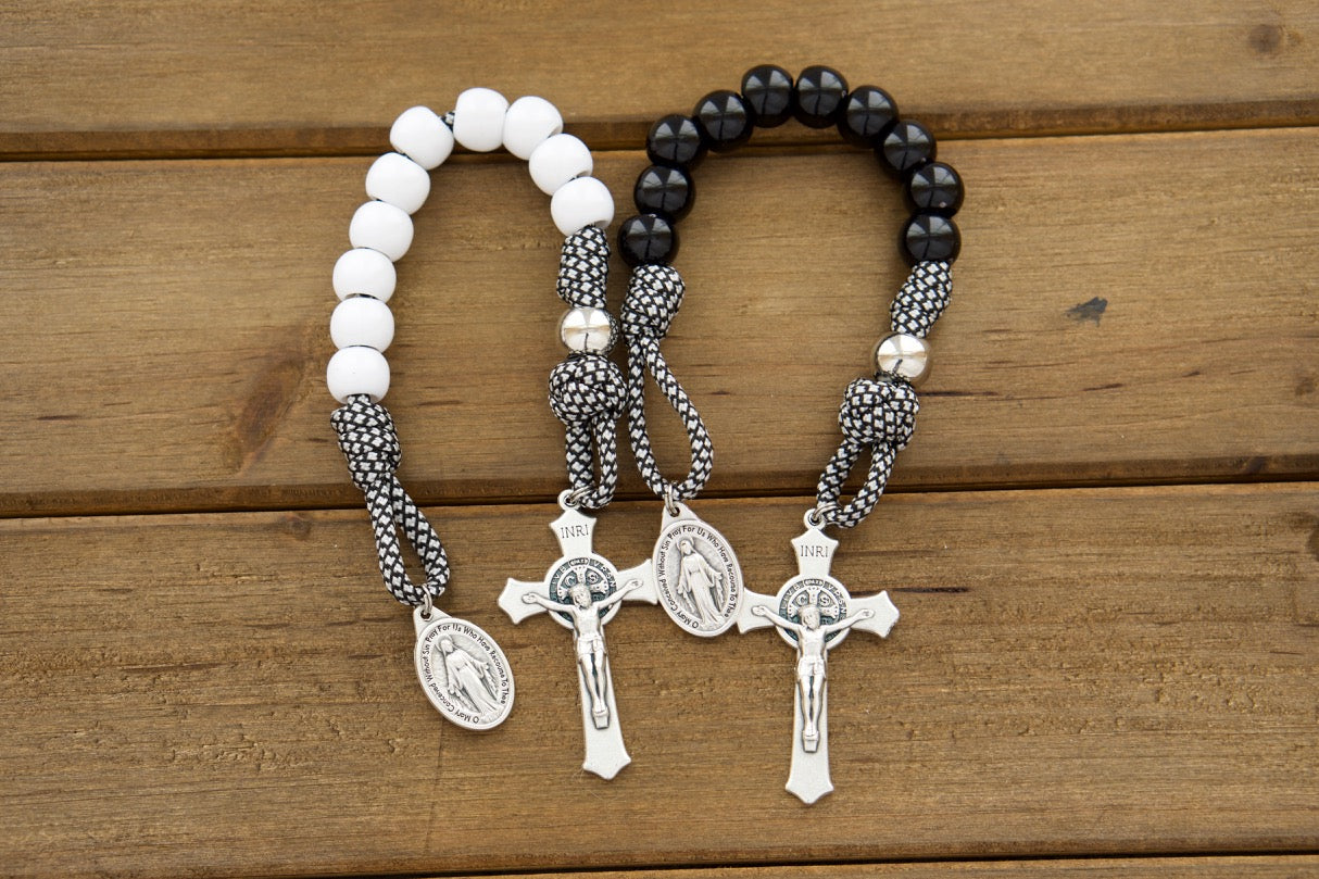Two single decade pocket paracord rosaries, black and white alternating decades, St. Benedict crucifix, Miraculous Medal, perfect Catholic wedding gift for praying together and strengthening bond.