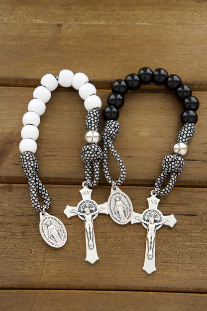 "Together in Prayer" - 1 Decade Paracord Rosary Set for Catholic Couples (Black & White, Durable Paracord, St. Benedict Crucifix, Miraculous Medal)