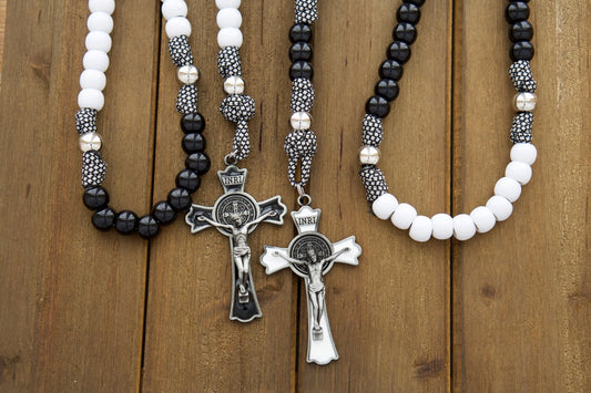 Beautiful 5 Decade Paracord Rosary Set for Catholic Couples with Black & White Decades, St. Benedict Crucifixes, Miraculous Medals, and Customizable Options - Perfect Wedding Gift