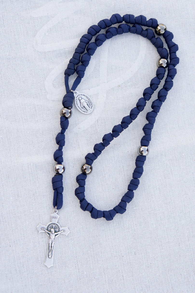 Navy Blue and Gunmetal Knotted Rope Rosary with Miraculous Medal and St. Benedict Crucifix, Premium Unbreakable Paracord Design for Durable Catholic Gifts
