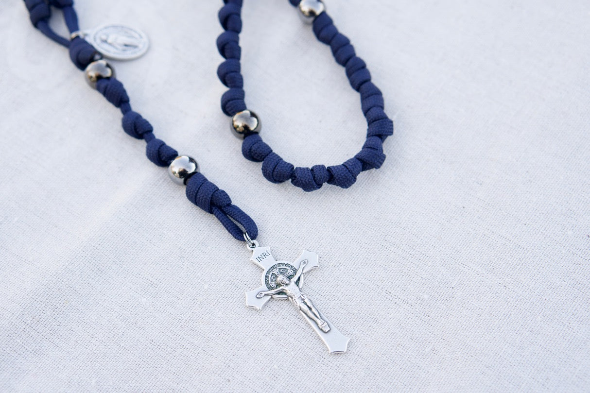 Navy Blue and Gunmetal Knotted Rope Rosary with Miraculous Medal and St. Benedict Crucifix - Durable Paracord 550 Rope Prayer Aid for Kids, Adults, and Faithful (19" Full Size)