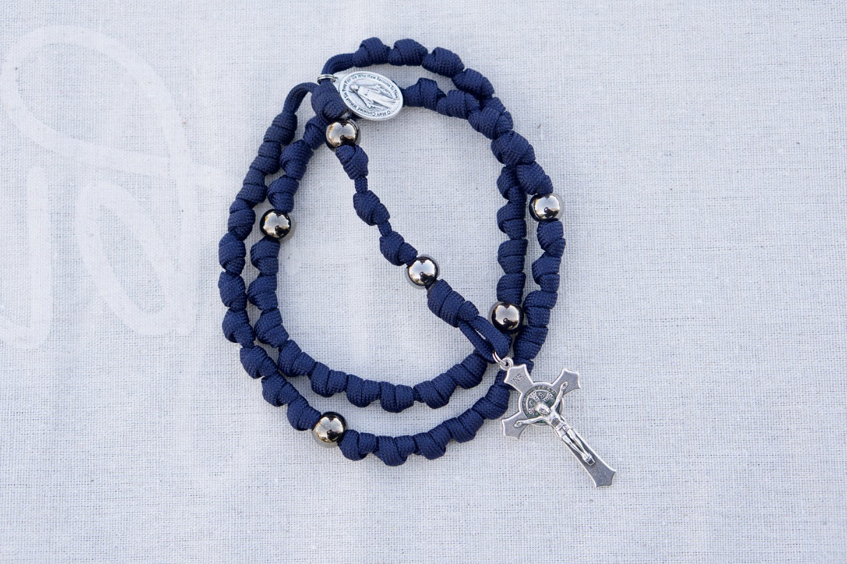 Navy Blue and Gunmetal Knotted Rope Rosary with Miraculous Medal - Durable Paracord 550 Rope, Standard Size 2" St. Benedict Crucifix, and Handmade Catholic Gifts for Prayer Warriors