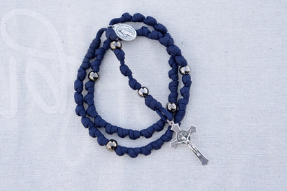 Navy Blue and Gunmetal Knotted Rope Rosary with Miraculous Medal - Durable Paracord 550 Rope, Standard Size 2" St. Benedict Crucifix, and Handmade Catholic Gifts for Prayer Warriors