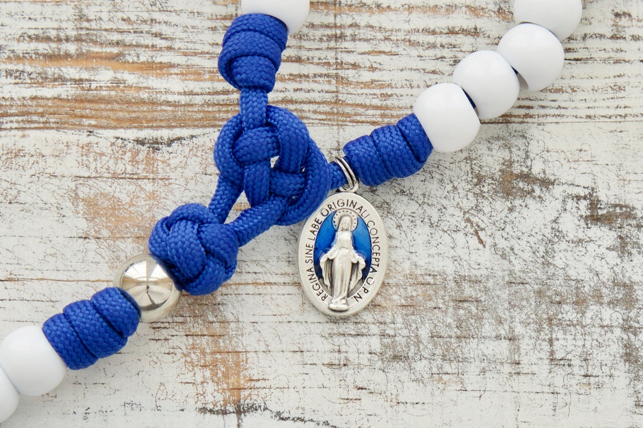 Paracord Rosary - Our Lady of Miraculous Medal 5 Decade, Durable Catholic Gift for Kids, Powerful Spiritual Weapon, Prayer Accessory with Blue Rope, Silver Beads, and St. Benedict Crucifix
