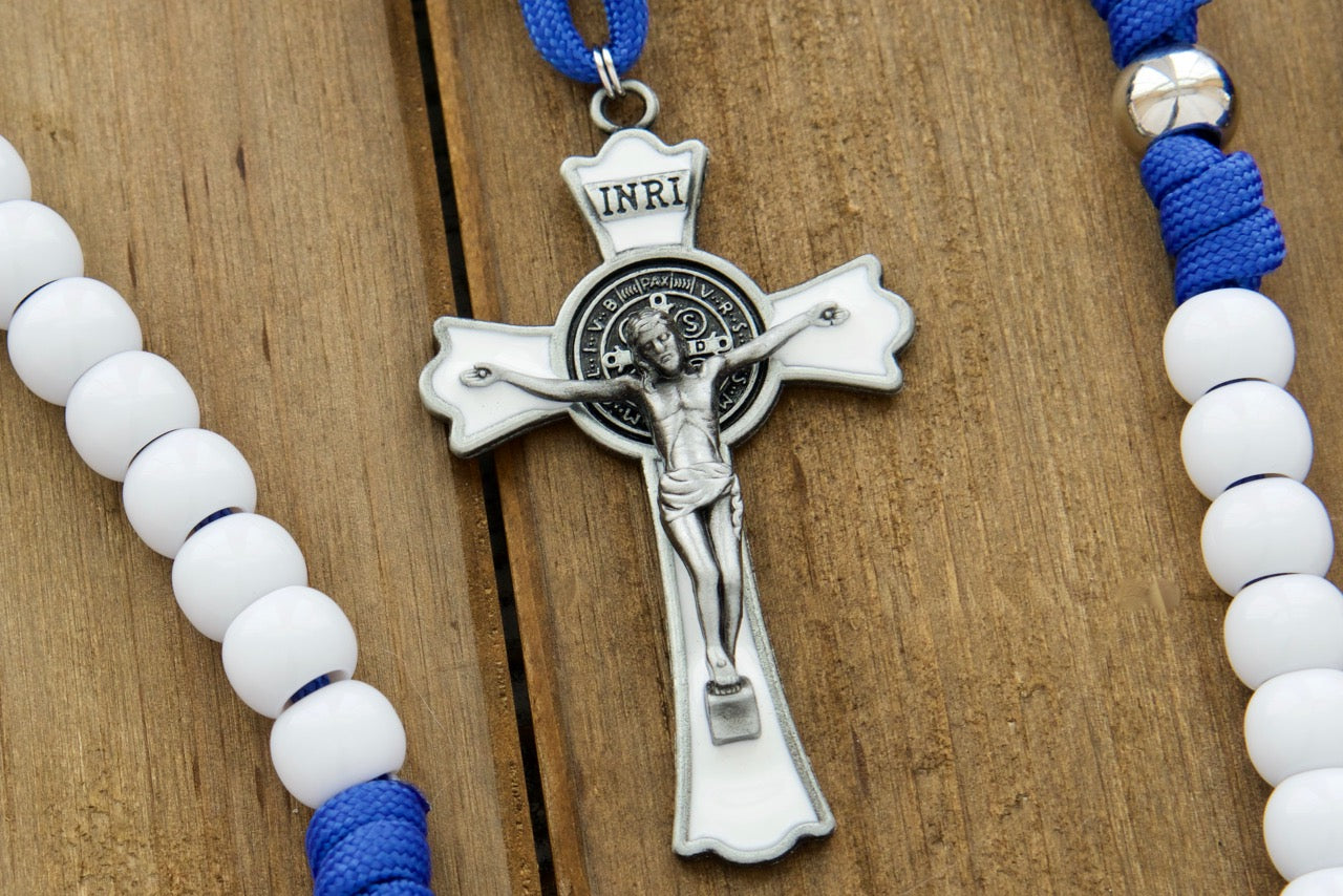 Our Lady of Miraculous Medal 5 Decade Paracord Rosary - Durable Blue & White Catholic Prayer Weapon with Silver Beads & St. Benedict Crucifix, Perfect for Kids or Adults