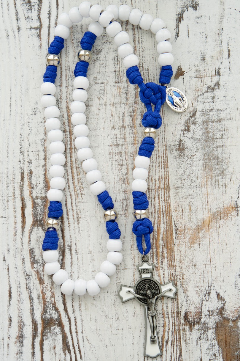 Our Lady of Miraculous Medal - 5 Decade Premium Paracord Rosary with Blue Rope, White Hail Mary Beads, Silver Our Father Beads, 2.75" White Enamel St. Benedict Crucifix, and Durable Devotional Medal; Perfect for Kids and Adults Alike, Unbreakable Design.