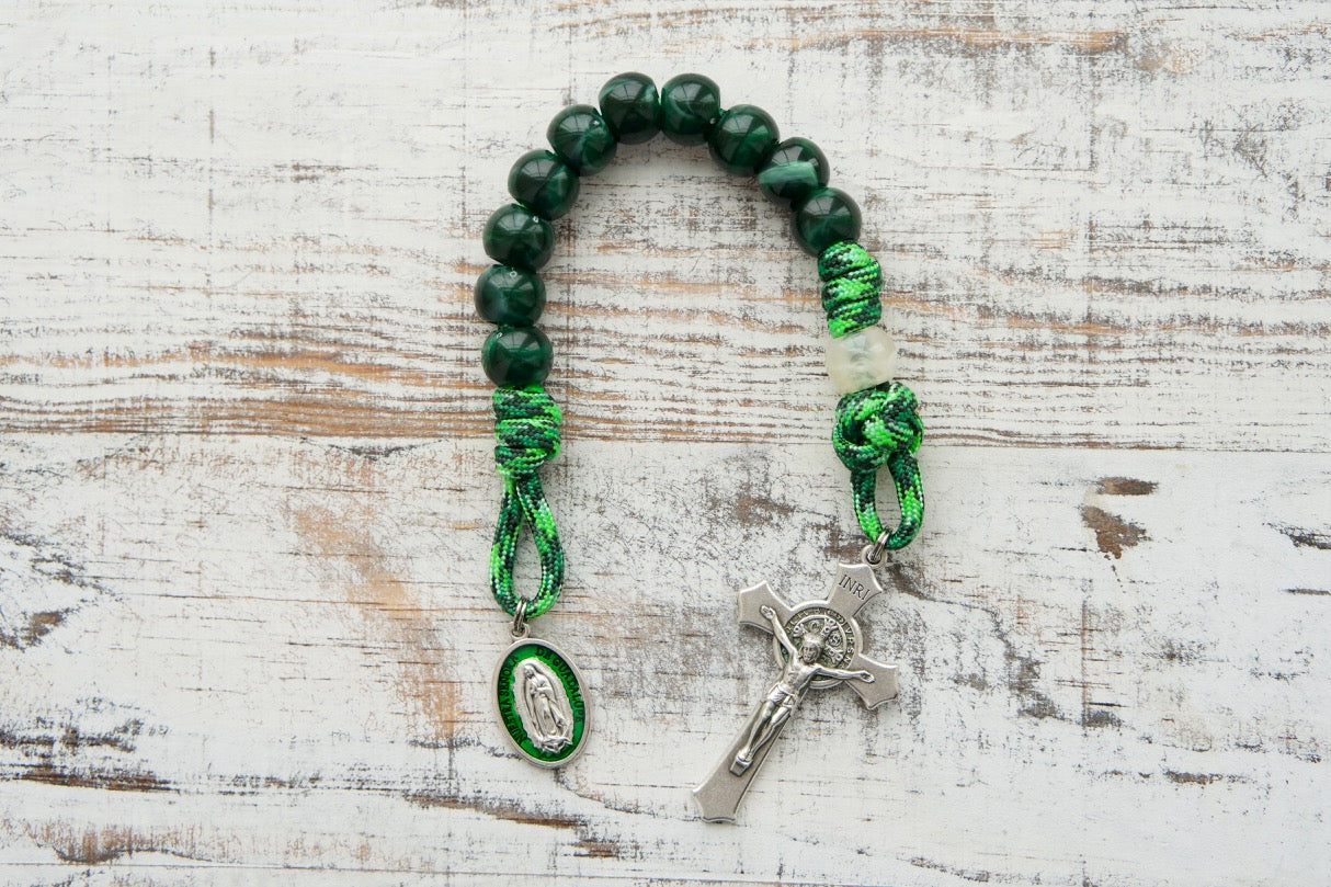 Our Lady of Guadalupe 1 Decade Paracord Rosary - Durable, Premium Green Design with St. Benedict Crucifix and Devotional Medal for Daily Prayers.