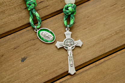 Our Lady of Guadalupe 1 Decade Paracord Rosary - Durable, premium green design with white beads and St. Benedict Crucifix for daily devotions and prayer on-the-go.