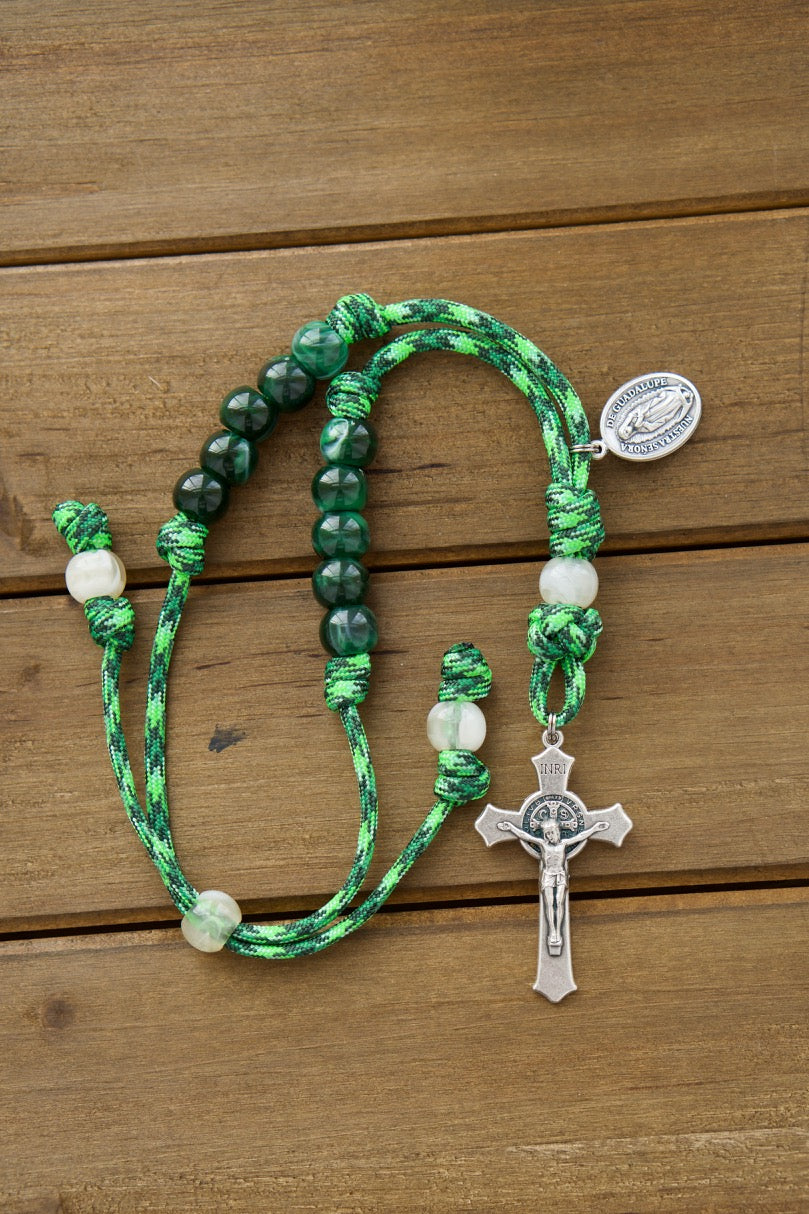 Catholic rearview mirror paracord rosary featuring Our Lady of Guadalupe design and adjustable length for on-the-go prayer, perfect travel companion and durable construction for any car or truck.