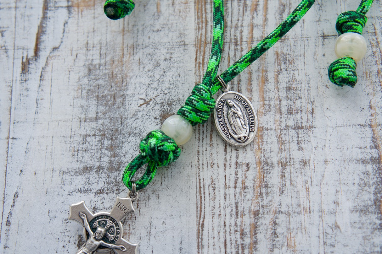 Our Lady of Guadalupe Rearview Mirror Paracord Rosary - Durable and Adjustable Catholic Travel Accessory with St. Benedict Crucifix and Our Lady of Guadalupe Medal.