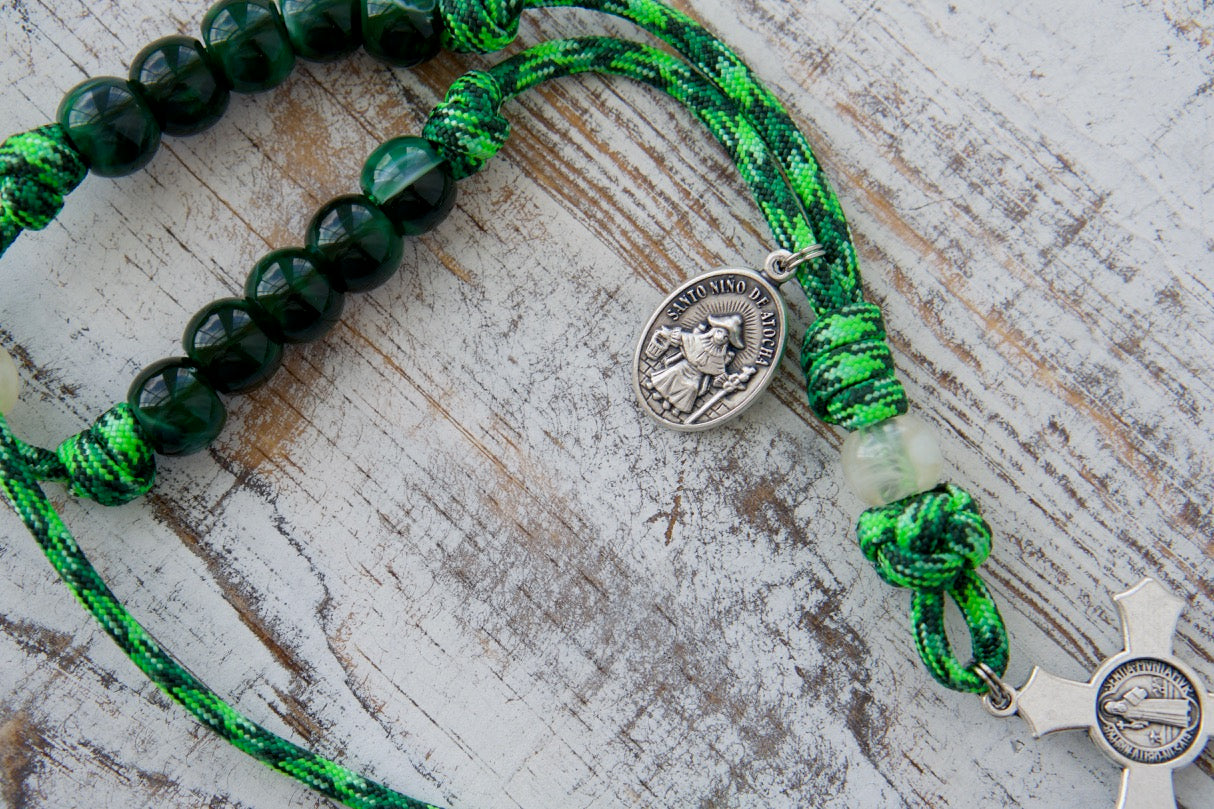 Our Lady of Guadalupe Rearview Mirror Paracord Rosary - Durable Catholic Travel Accessory with Adjustable Length, St. Benedict Crucifix, and Our Lady of Guadalupe Devotional Medal.