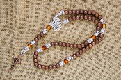Our Lady of Mount Carmel - 5 Decade Paracord Rosary with copper beads, transparent copper Our Father beads, and a 2" St. Benedict Crucifix; durable, premium paracord rosary for young Catholics; fight the spiritual battles with confidence.