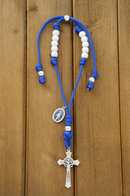 Miraculous Blue Rearview Mirror Paracord Rosary - Your spiritual travel companion featuring a 2" St. Benedict crucifix, blue enamel Miraculous medal, and durable, lightweight design for daily commutes. Perfect Catholic gift for on-the-go prayer.