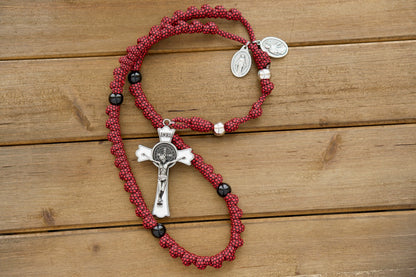 Militia Immaculatae - St. Maximilian Kolbe Paracord Rosary in Red, White and Black with Signature Knotted Rope Design and Miraculous Medal Devotional