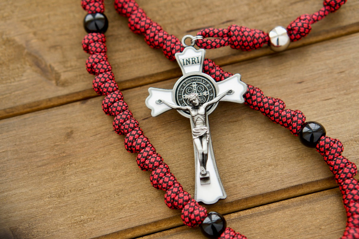 Militia Immaculatae - St. Maximilian Kolbe Rosary: Red, White and Black Signature Knotted Rope Paracord Catholic Prayer Beads with Miraculous Medal and St. Kolbe Medal, 19-inch Full Size Handmade Durable Unbreakable Gift for Young Catholics.