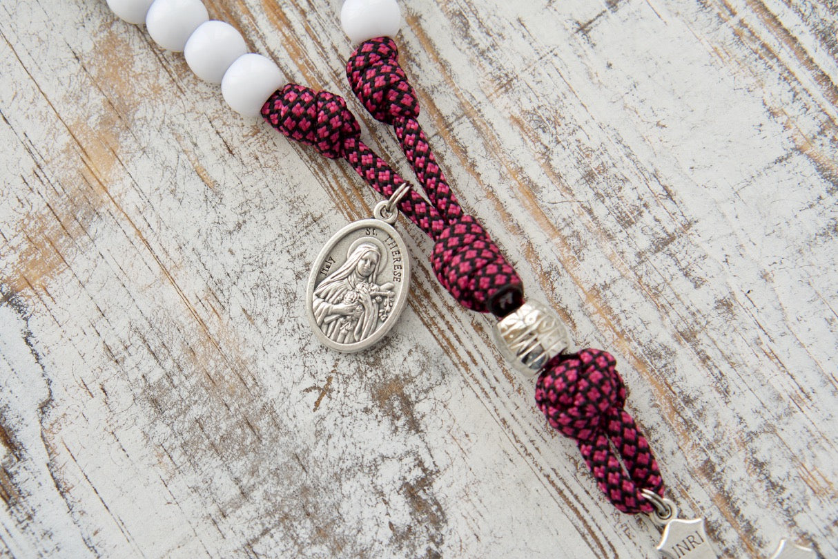 St. Thérèse Paracord Chaplet with 24 White Beads, Pink Paracord, St. Thérèse Devotional Medal, and St. Benedict Crucifix - Perfect Catholic Gift for Deepening Devotion