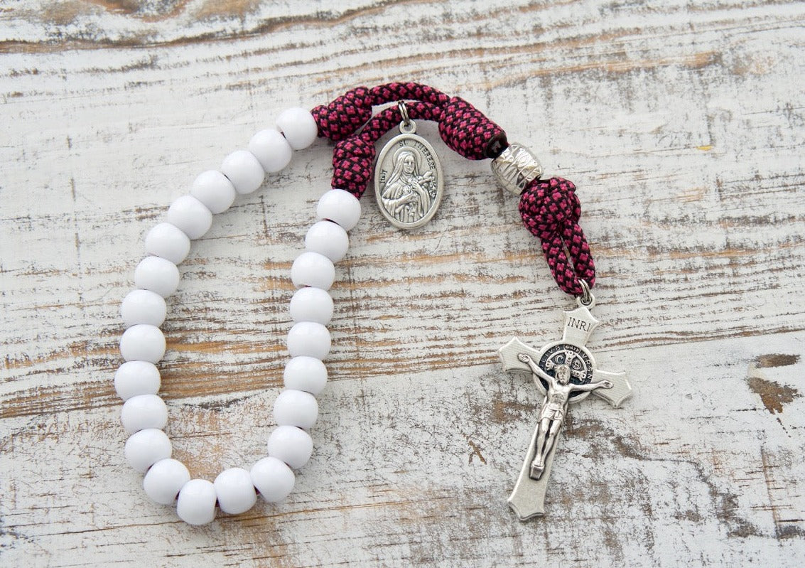 Durable St. Thérèse Paracord Chaplet with 24 White Beads and St. Benedict Crucifix - Perfect Catholic Gift for Deepening Devotion
