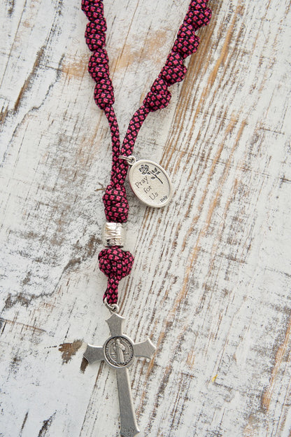 St. Thérèse Paracord Chaplet - 24 Knots, Pink Paracord, St. Thérèse Devotional Medal, and 2" St. Benedict Crucifix - Durable Catholic Gift for Deepening Devotion