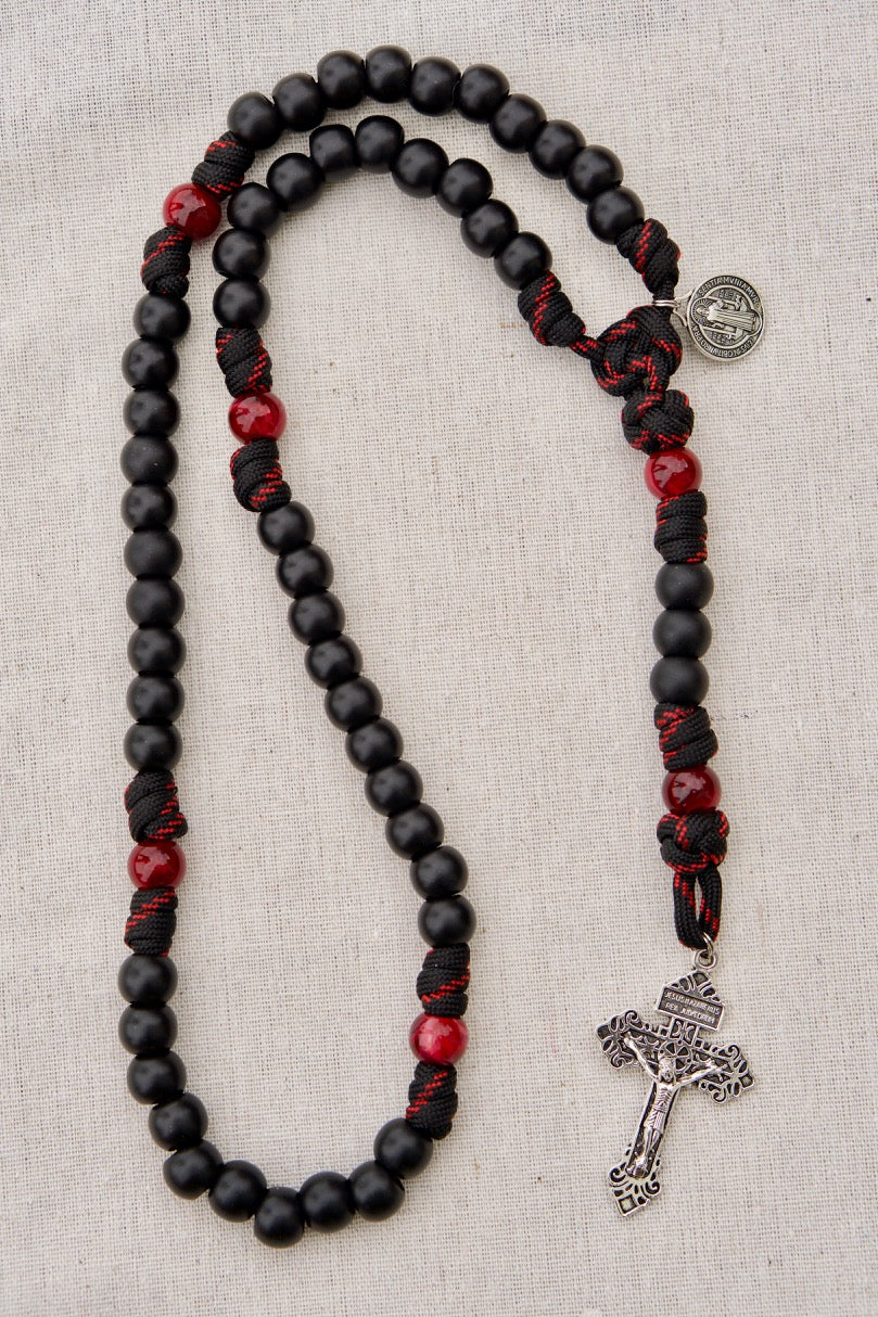 The Blood of Christ - 5 Decade Paracord Rosary: A premium, unbreakable Catholic gift featuring a silver pardon crucifix, St. Benedict medal, and black & red paracord rope with black & maroon/red beads for powerful devotion; perfect for daily prayer and special occasions.