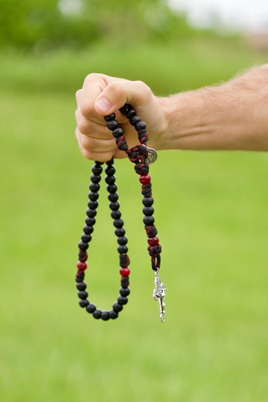 The Blood of Christ - 5 Decade Paracord Rosary, a strong and stylish Catholic gift featuring a silver pardon crucifix, St. Benedict medal, and durable unbreakable paracord design for your daily prayer life.