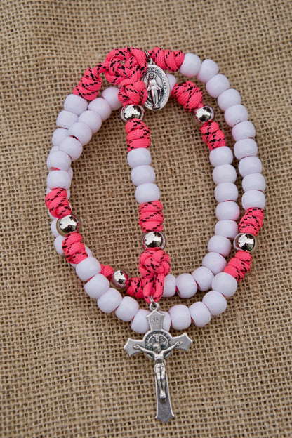 Pink and White 5 Decade Paracord Rosary with Miraculous Medal - The Family Protector (Handmade by Sanctus Servo)
