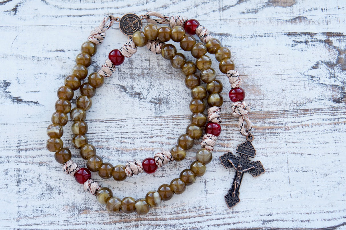 The Heavenly Rose - Maroon, Brown and Copper - 5 Decade Paracord Rosary: Elegant, durable paracord rosary with brown camo rope, maroon Our Father beads, creamy brown Hail Mary beads, antique copper Pardon Crucifix, and St. Benedict medal centerpiece for spiritual strength and protection.