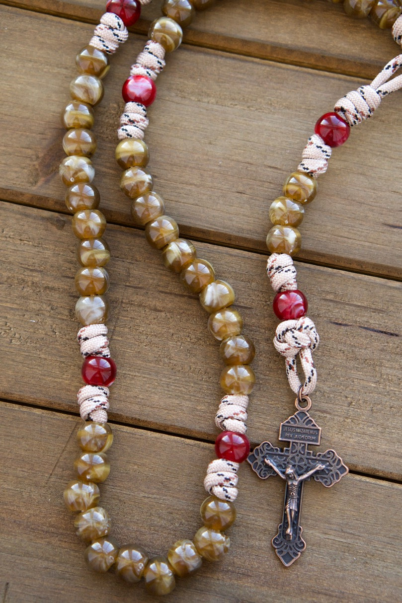 The Heavenly Rose - Maroon, Brown and Copper - 5 Decade Paracord Rosary: Durable, Premium, Unbreakable Paracord Rosary with St. Benedict Medal Centerpiece and Traditional Antique Copper Pardon Crucifix