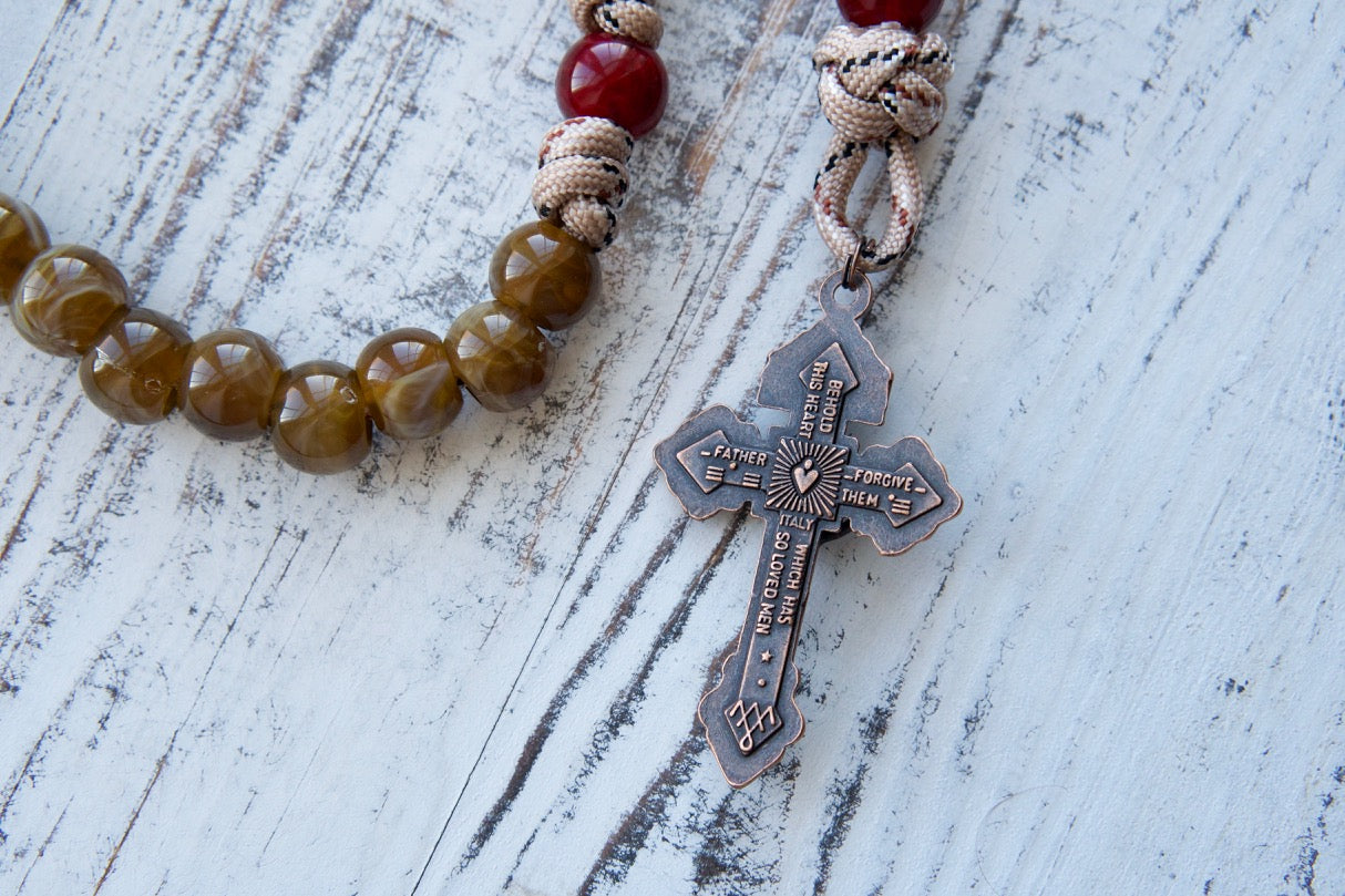 Heavenly Rose - Maroon, Brown and Copper - 5 Decade Paracord Rosary: Durable, premium paracord rosary with camo rope and St. Benedict medal centerpiece, perfect for deepening devotion and strengthening spiritual armor.