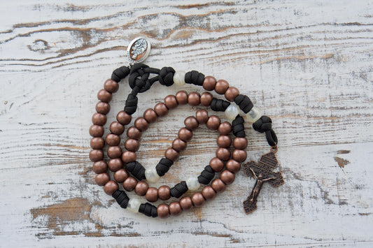 The Heretic Hammer - St. Anthony - 5 Decade Paracord Rosary: Handcrafted by a Catholic family, featuring black rope, copper and pearl beads, St. Anthony devotional medal, and a durable unbreakable design for daily prayers.