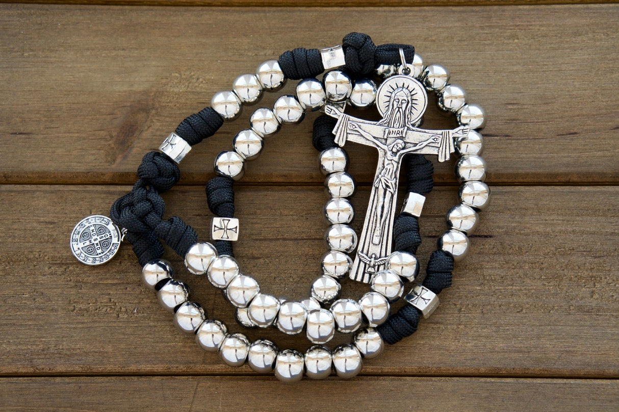 The Iron Will - Black and Silver - 5 Decade Paracord Rosary: Durable paracord rosary with silver Hail Mary beads, Crusader cross Our Father beads, St. Benedict medal centerpiece, and a 19-inch full length; perfect for spiritual warriors