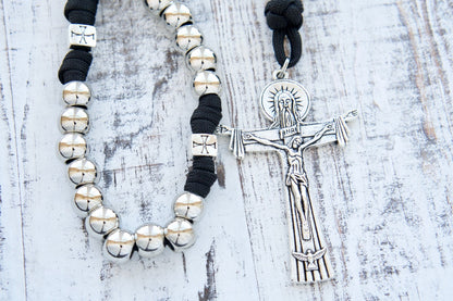 The Iron Will - Black & Silver 5 Decade Paracord Rosary: Durable, Premium Unbreakable Catholic Gift for Spiritual Warriors