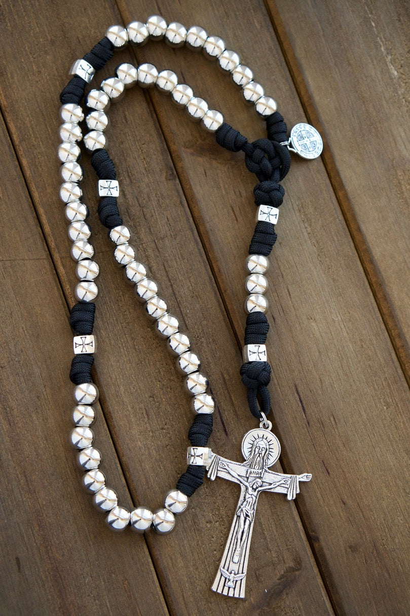 The Iron Will - Black & Silver Paracord Rosary: Durable 5-Decade Catholic Rosary with Crusader Cross Beads, St. Benedict Medal, and Full-Size Holy Trinity Crucifix