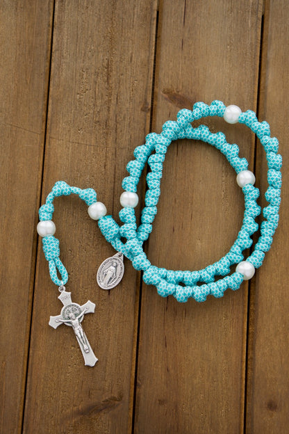 The Peaceful Waters - Teal Blue and White Knotted Rope Rosary: Durable Paracord 550 rosary with white pearl Our Father beads, St. Benedict Crucifix, and Miraculous Medal for spiritual support and prayer on-the-go.